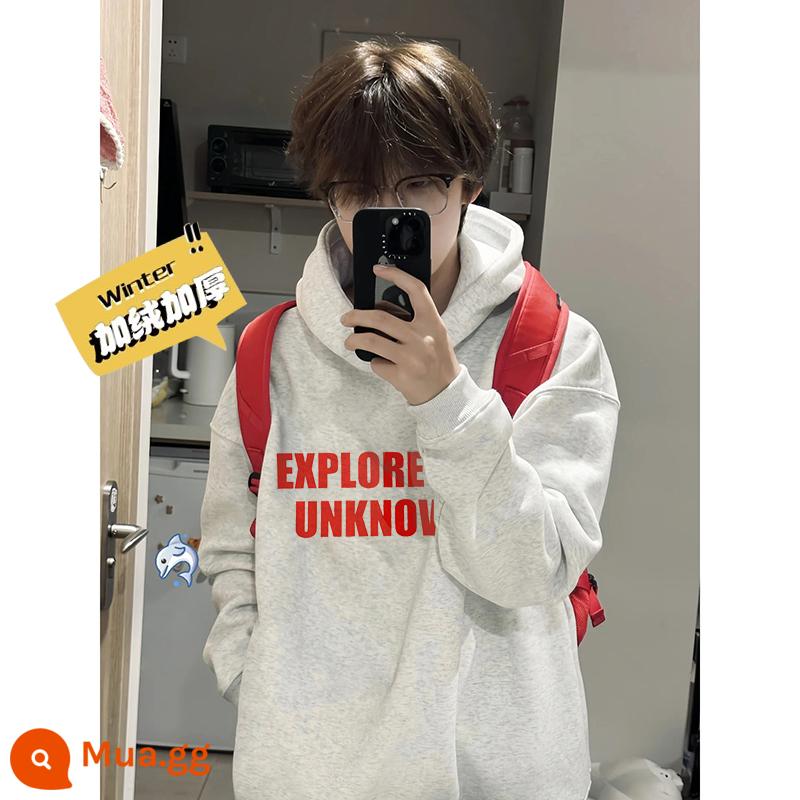 Áo len nặng màu trắng và xám của Mỹ nam mùa thu đông thương hiệu hợp thời trang 2024 áo hoodie chui đầu mới áo khoác nhung cao cấp - Trắng xám cộng với nhung, không đóng cửa trong dịp Tết Nguyên Đán, giao hàng bình thường