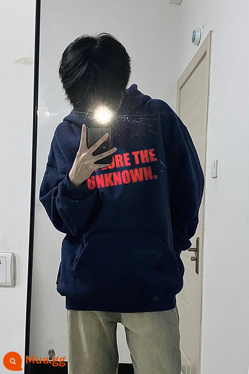 Áo len nặng màu trắng và xám của Mỹ nam mùa thu đông thương hiệu hợp thời trang 2024 áo hoodie chui đầu mới áo khoác nhung cao cấp - xanh hải quân