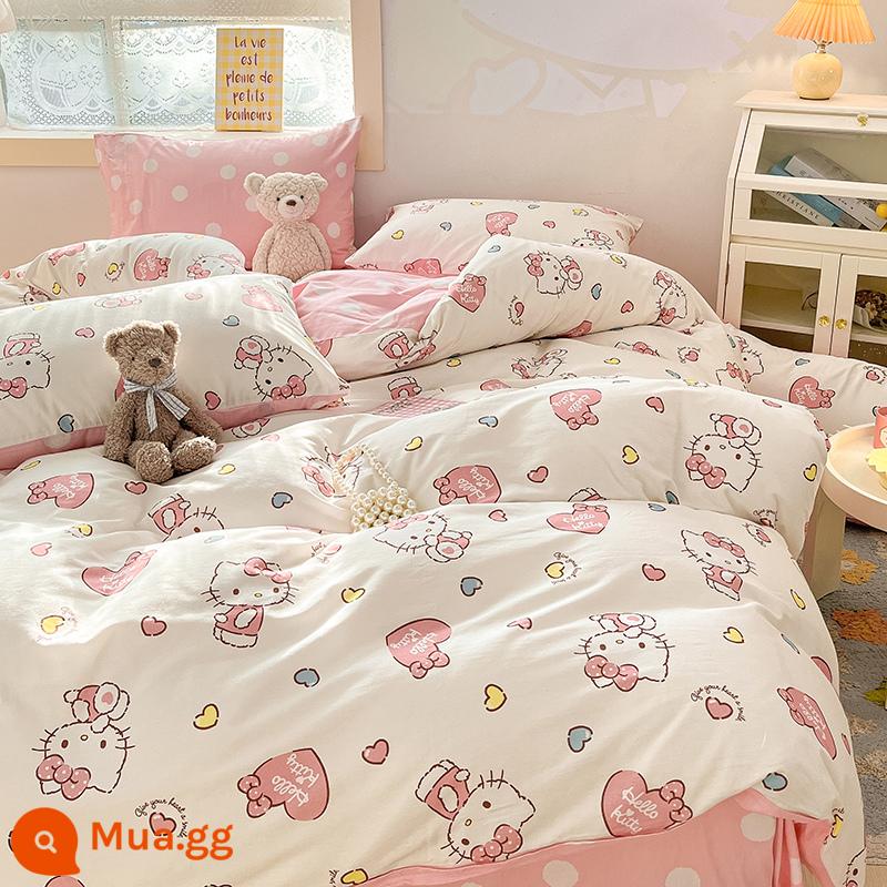 Dễ Thương Mèo HelloKitty Cotton Bộ 4 Cotton Nguyên Chất Hoạt Hình Cô Gái Trái Tim Giường Vỏ Chăn 3 Bộ - công chúa kt