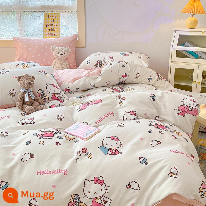 Dễ Thương Mèo HelloKitty Cotton Bộ 4 Cotton Nguyên Chất Hoạt Hình Cô Gái Trái Tim Giường Vỏ Chăn 3 Bộ - Happykt