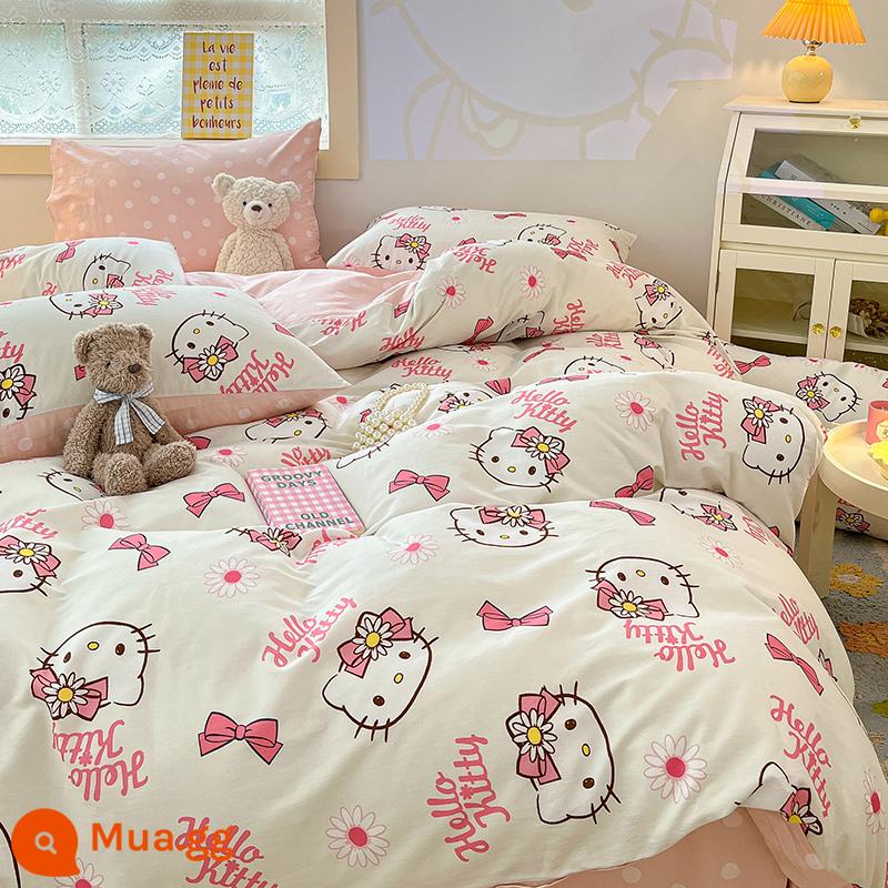 Dễ Thương Mèo HelloKitty Cotton Bộ 4 Cotton Nguyên Chất Hoạt Hình Cô Gái Trái Tim Giường Vỏ Chăn 3 Bộ - Daisy kt