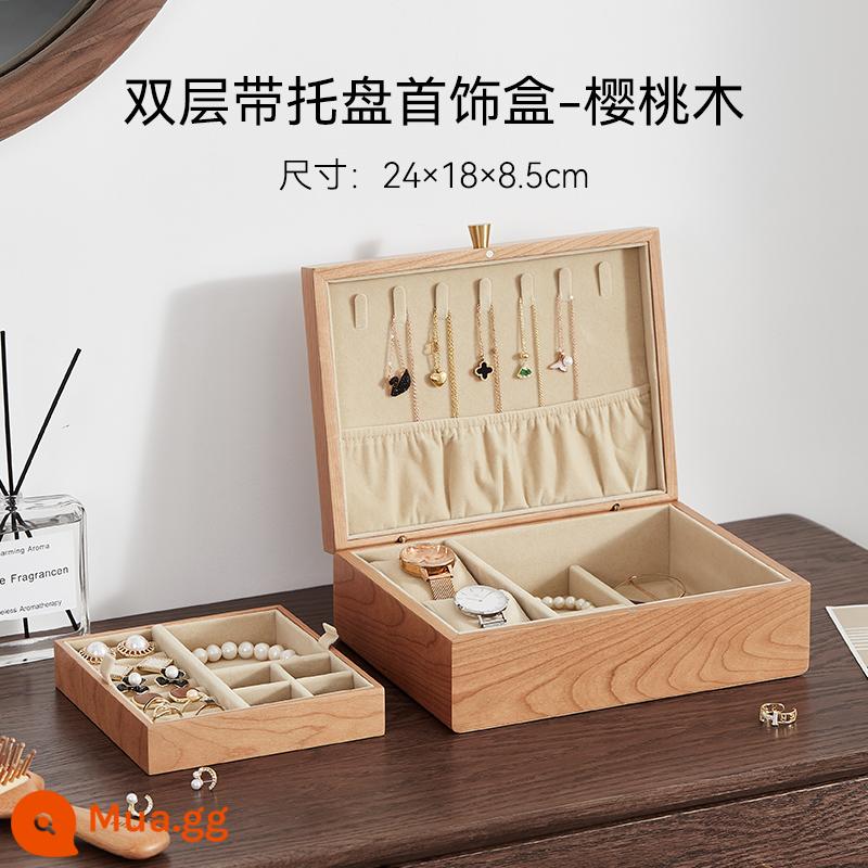 Hộp đồ trang sức bằng gỗ Walnut màu đen Khóa cao -Vòng cổ lớn Vòng cổ Vòng cổ bằng gỗ Đồ trang sức bằng gỗ Hộp trang trí tay - Hộp đựng trang sức hai lớp bằng gỗ anh đào-có khay [hộp quà tặng]