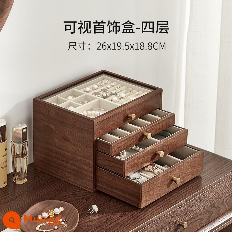 Hộp đồ trang sức bằng gỗ Walnut màu đen Khóa cao -Vòng cổ lớn Vòng cổ Vòng cổ bằng gỗ Đồ trang sức bằng gỗ Hộp trang trí tay - Hộp đựng trang sức có thể nhìn thấy bốn lớp màu óc chó