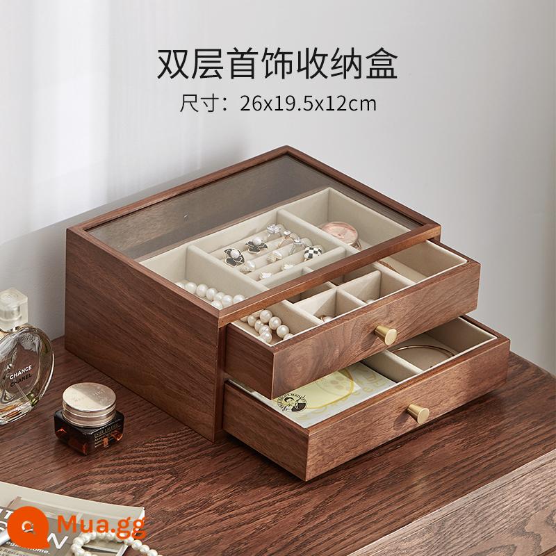 Hộp đồ trang sức bằng gỗ Walnut màu đen Khóa cao -Vòng cổ lớn Vòng cổ Vòng cổ bằng gỗ Đồ trang sức bằng gỗ Hộp trang trí tay - Hộp đựng đồ trang sức trực quan hai lớp màu óc chó