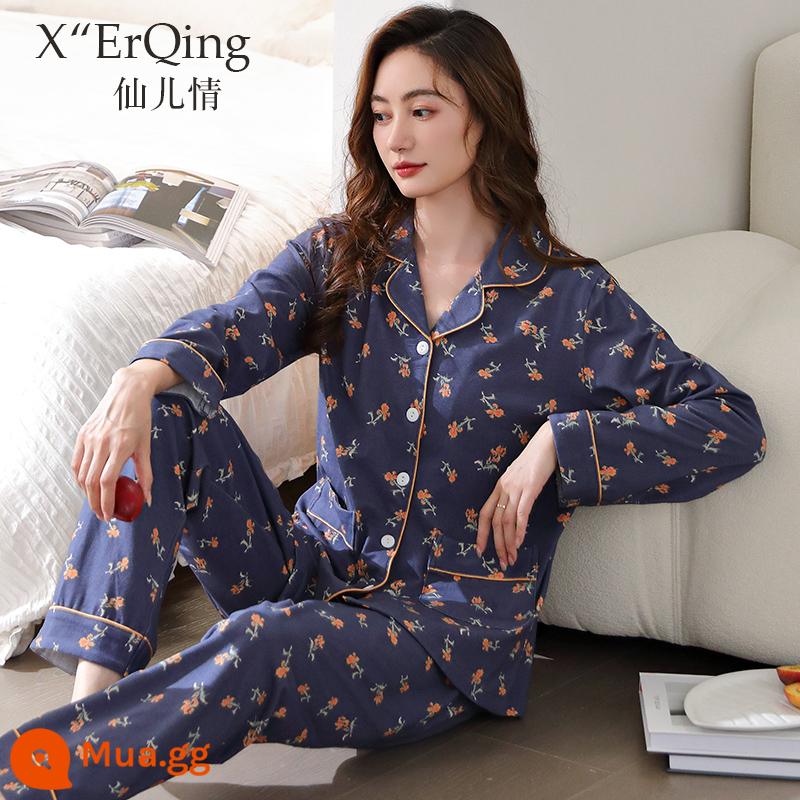 Bộ đồ ngủ nữ cotton nguyên chất dài tay mùa xuân và mùa thu đông áo len cỡ lớn rời mẹ trung niên phục vụ tại nhà mùa hè phù hợp với mỏng - C6797 hoa xanh nhạt