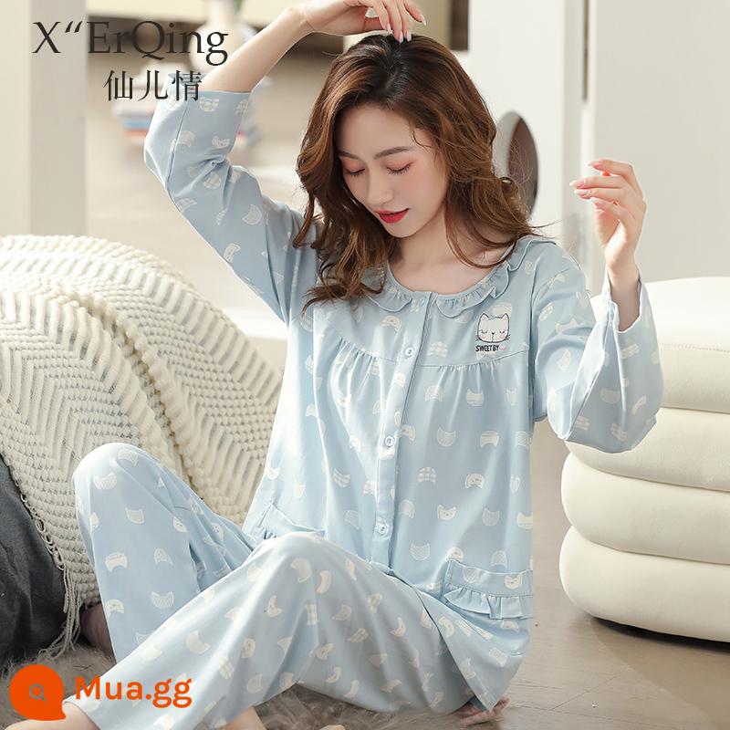 Bộ đồ ngủ nữ cotton nguyên chất dài tay mùa xuân và mùa thu đông áo len cỡ lớn rời mẹ trung niên phục vụ tại nhà mùa hè phù hợp với mỏng - C9271 mèo xanh trời