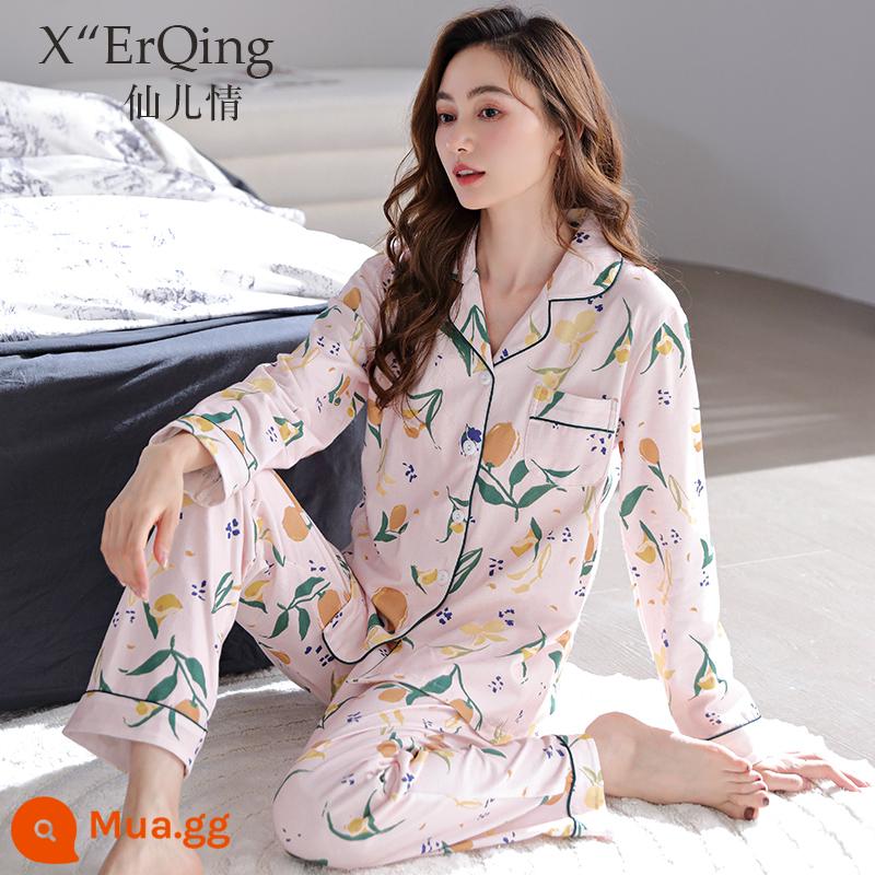 Bộ đồ ngủ nữ cotton nguyên chất dài tay mùa xuân và mùa thu đông áo len cỡ lớn rời mẹ trung niên phục vụ tại nhà mùa hè phù hợp với mỏng - C6788 Bột Tôm-Hoa