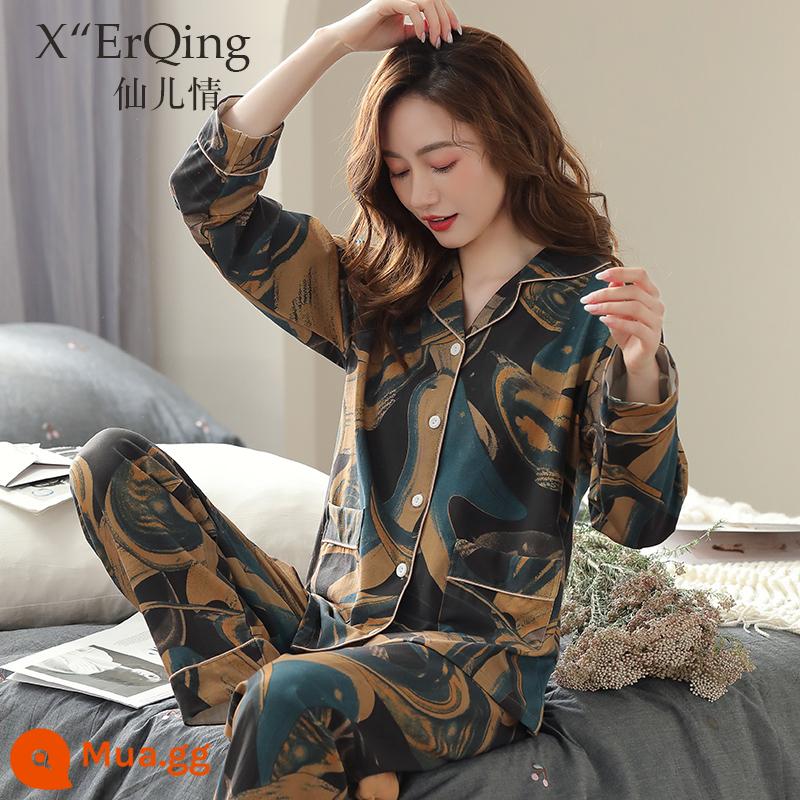 Bộ đồ ngủ nữ cotton nguyên chất dài tay mùa xuân và mùa thu đông áo len cỡ lớn rời mẹ trung niên phục vụ tại nhà mùa hè phù hợp với mỏng - C9267 Trà Chim Hoa