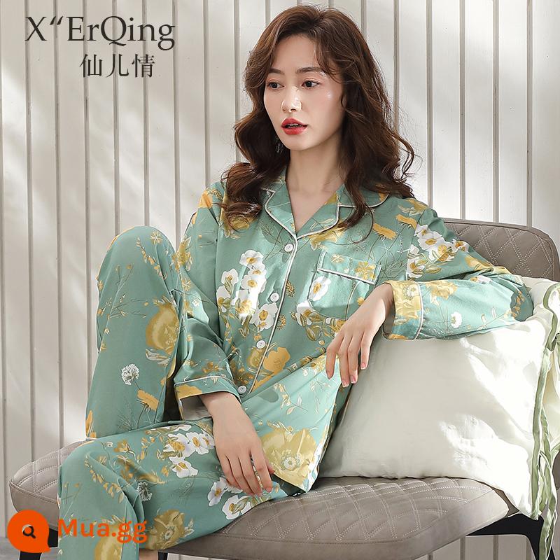 Bộ đồ ngủ nữ cotton nguyên chất dài tay mùa xuân và mùa thu đông áo len cỡ lớn rời mẹ trung niên phục vụ tại nhà mùa hè phù hợp với mỏng - A9216 Chạng vạng hoa xanh