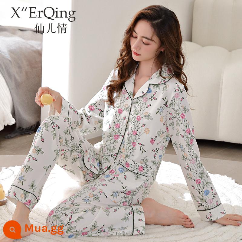 Bộ đồ ngủ nữ cotton nguyên chất dài tay mùa xuân và mùa thu đông áo len cỡ lớn rời mẹ trung niên phục vụ tại nhà mùa hè phù hợp với mỏng - C6785 Hoa-Hoa