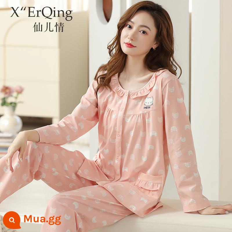 Bộ đồ ngủ nữ cotton nguyên chất dài tay mùa xuân và mùa thu đông áo len cỡ lớn rời mẹ trung niên phục vụ tại nhà mùa hè phù hợp với mỏng - Bột đậu mèo C9272