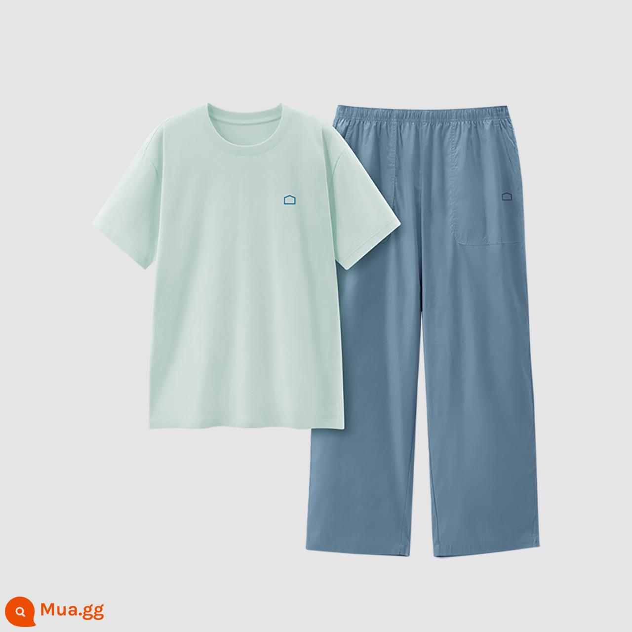 Banana bông bên trong 301H vài bộ đồ ngủ nữ cotton nguyên chất ngắn tay 100% cotton phục vụ tại nhà phù hợp với nam giới mùa xuân và mùa hè mỏng - Quần nam trơn màu xanh kem