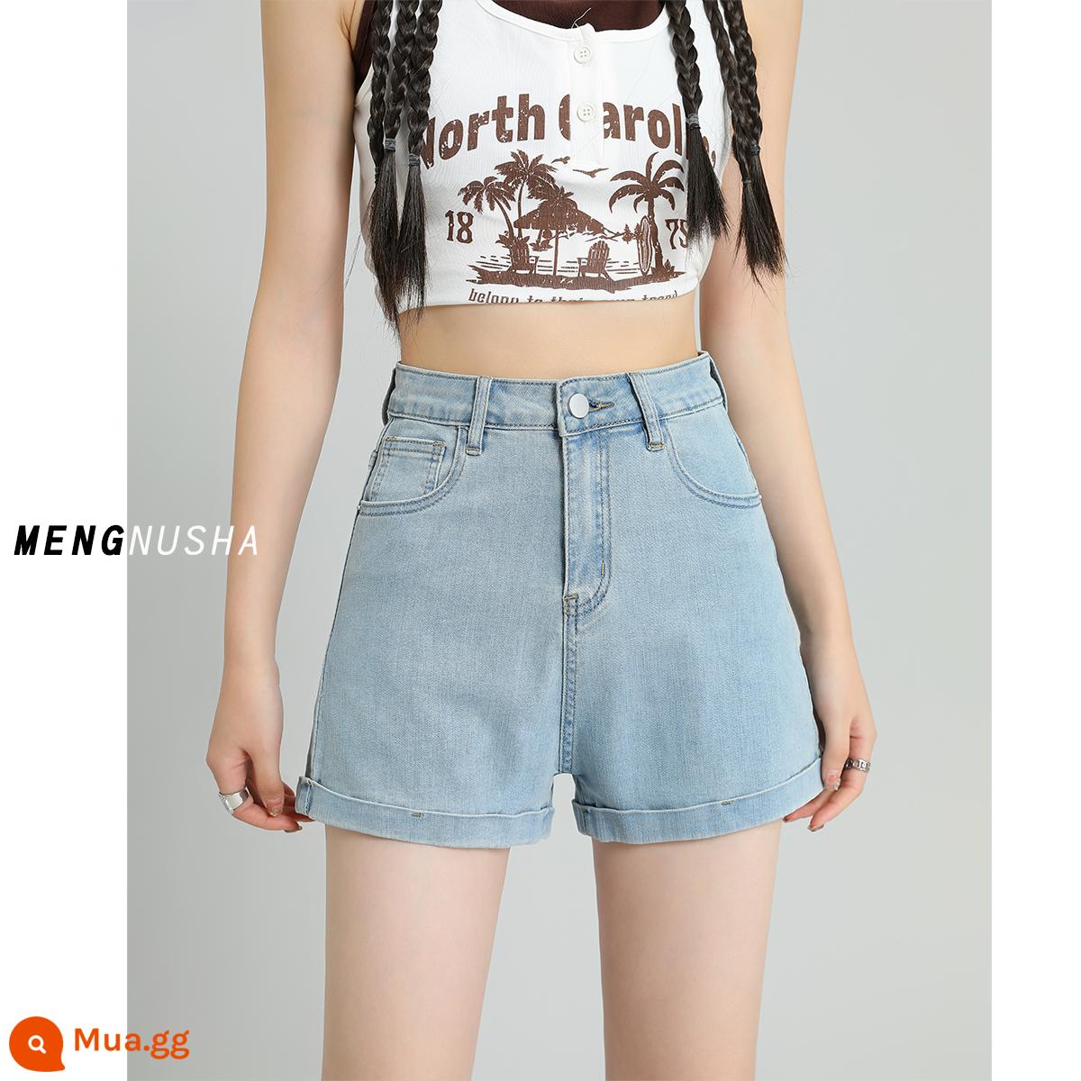 Quần short denim nữ mỏng mùa hè 2023 mùa hè mới màu đen người đàn ông nhỏ cuộn eo cao một từ quần thun nóng - màu xanh da trời