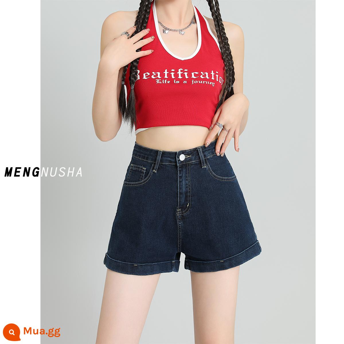 Quần short denim nữ mỏng mùa hè 2023 mùa hè mới màu đen người đàn ông nhỏ cuộn eo cao một từ quần thun nóng - xám xanh