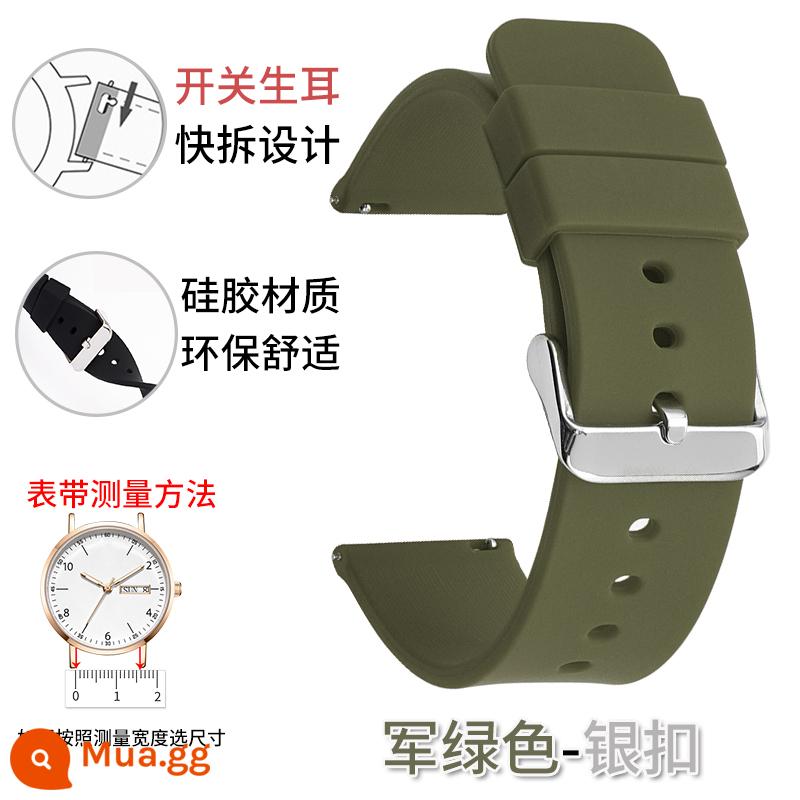 Dây đeo silicone unisex Smart Watch thể thao chống thấm mồ hôi giao diện phẳng khóa pin nữ 20/22/24mm thay thế - Khóa bạc-xanh quân đội