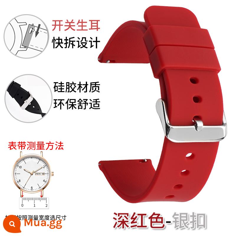 Dây đeo silicone unisex Smart Watch thể thao chống thấm mồ hôi giao diện phẳng khóa pin nữ 20/22/24mm thay thế - Khóa bạc đỏ sẫm