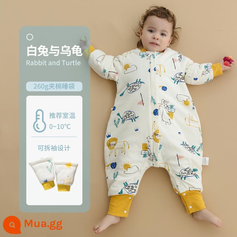 Túi Ngủ Cho Bé Mùa Thu Đông Túi Ngủ Dày Bằng Cotton Nguyên Chất Vỏ Chống Đá Trẻ Em Sơ Sinh Bé Sơ Sinh Xẻ Chân Túi Ngủ Đa Năng Cho Tất Cả Các Mùa - Thỏ và Rùa trắng (260g chần bông) Nhiệt độ áp dụng 0-10 độ