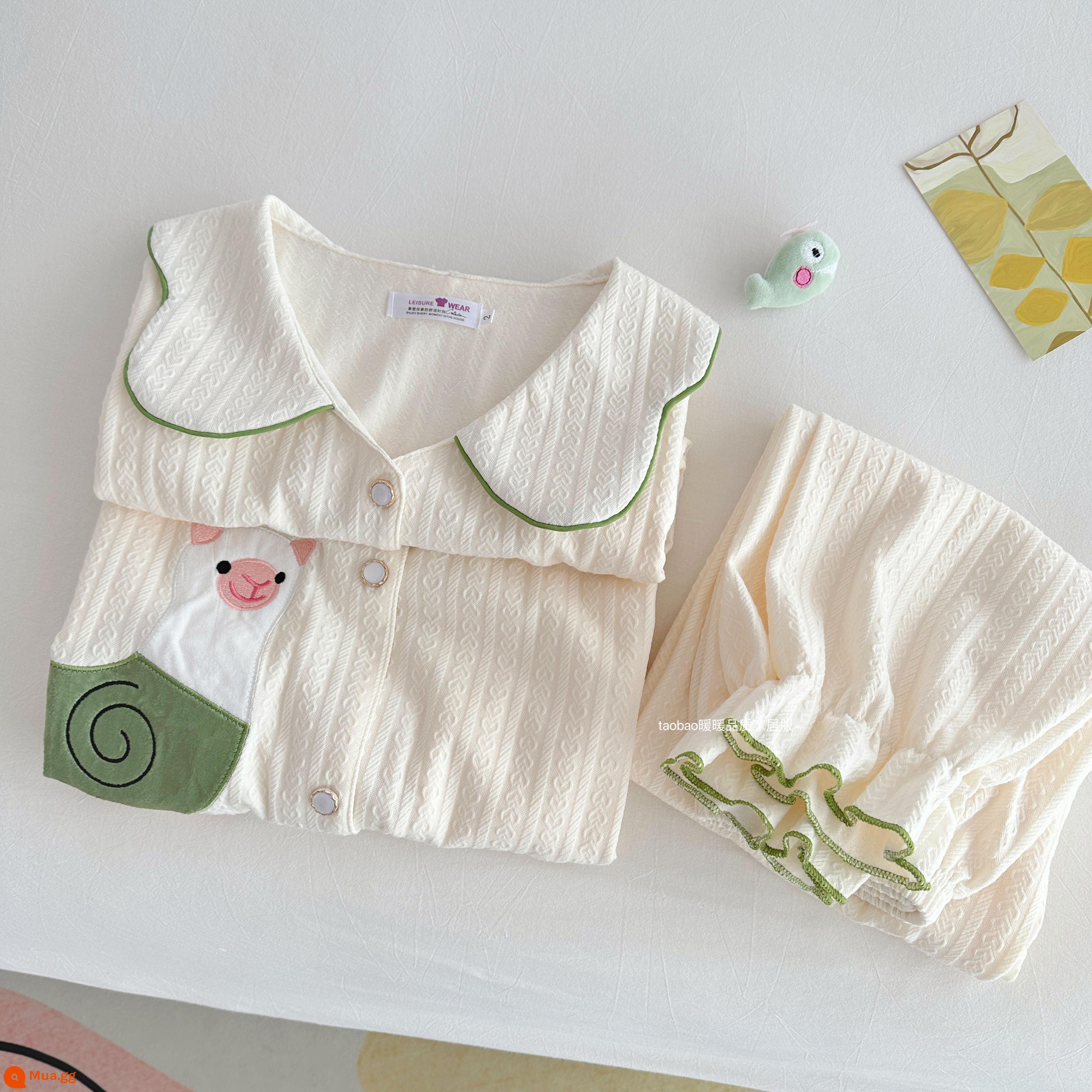 Bộ đồ ngủ dài tay bằng cotton nguyên chất màu trơn cao cấp dành cho nữ phong cách khí chất mùa xuân và mùa thu bộ đồ hai mảnh phục vụ tại nhà bằng cotton dành cho nữ - 98803-cạnh xanh