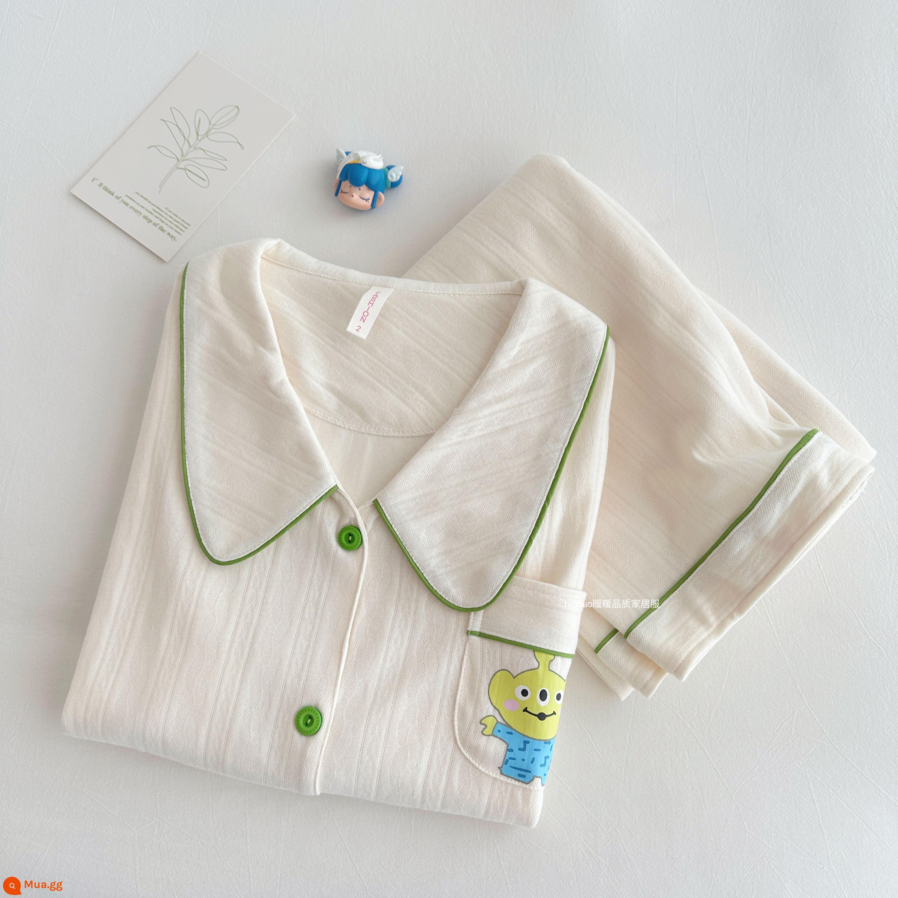 Bộ đồ ngủ dài tay bằng cotton nguyên chất màu trơn cao cấp dành cho nữ phong cách khí chất mùa xuân và mùa thu bộ đồ hai mảnh phục vụ tại nhà bằng cotton dành cho nữ - 6813-Anzu