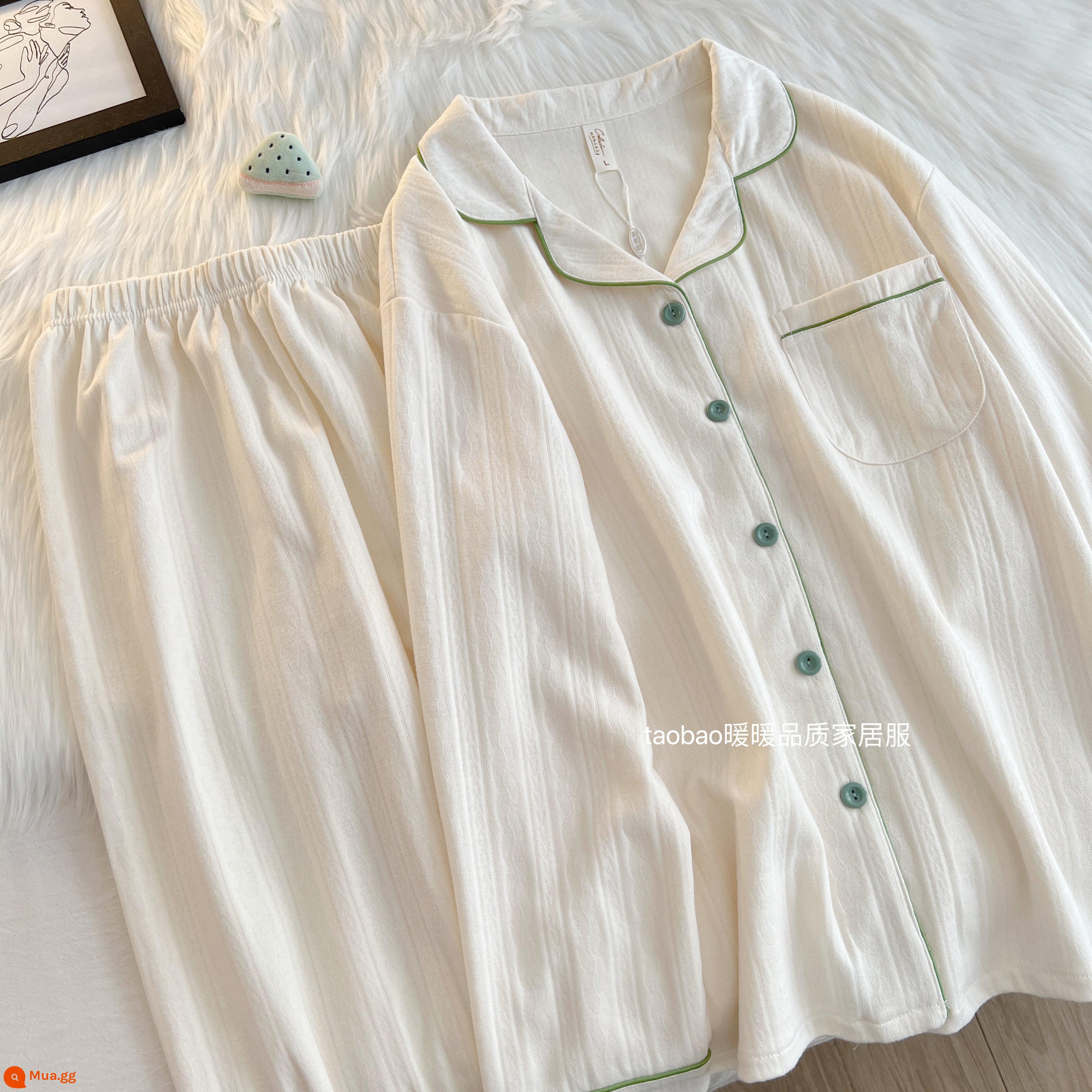 Bộ đồ ngủ dài tay bằng cotton nguyên chất màu trơn cao cấp dành cho nữ phong cách khí chất mùa xuân và mùa thu bộ đồ hai mảnh phục vụ tại nhà bằng cotton dành cho nữ - 14486-Hoa mai nhẹ nhàng đơn giản