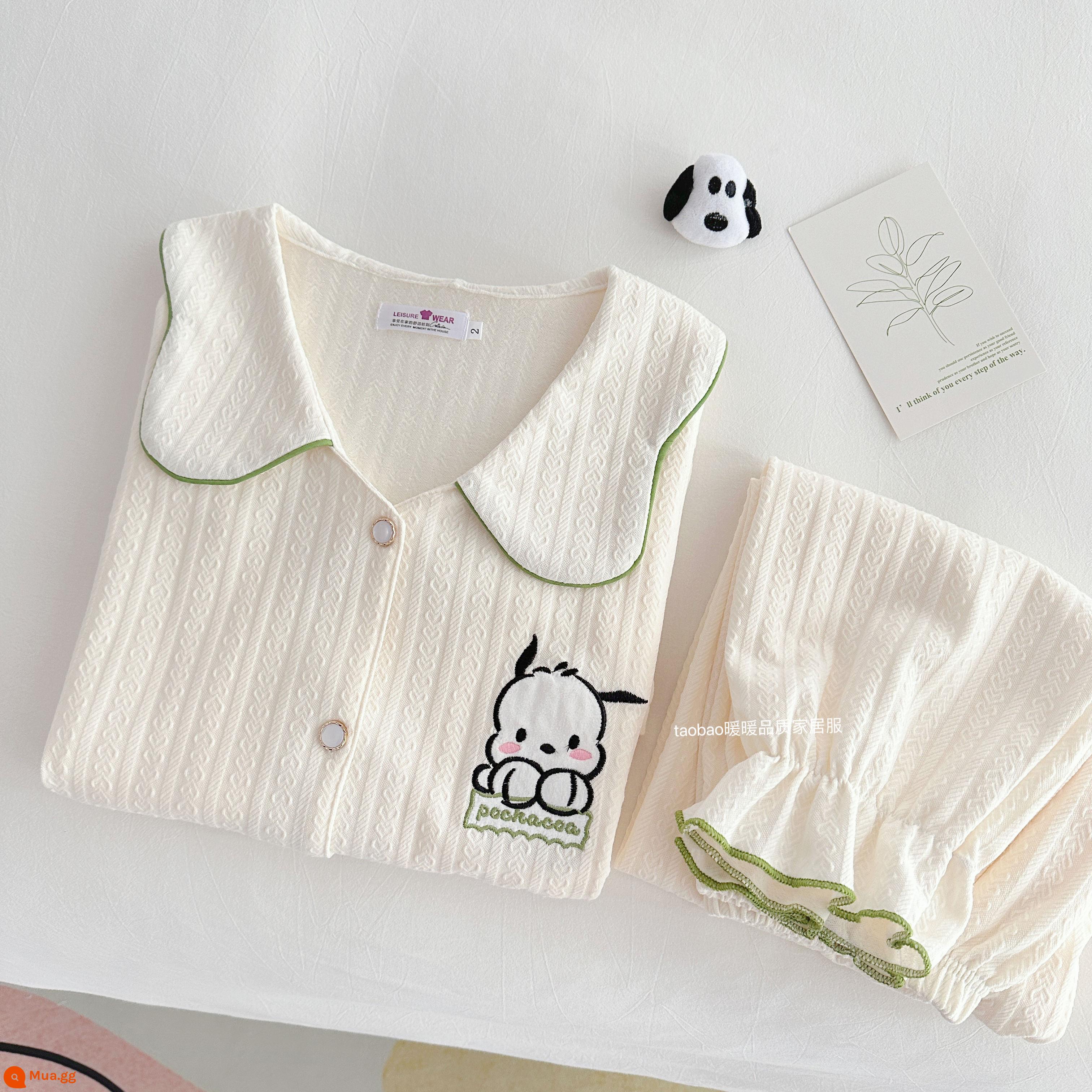 Bộ đồ ngủ dài tay bằng cotton nguyên chất màu trơn cao cấp dành cho nữ phong cách khí chất mùa xuân và mùa thu bộ đồ hai mảnh phục vụ tại nhà bằng cotton dành cho nữ - 98806-cạnh xanh