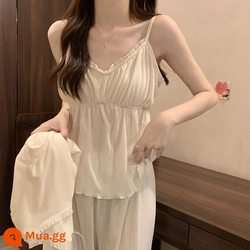 Bộ Đồ Ngủ Nữ Xuân Thu Cotton Nguyên Chất 2023 Mới Pure Desire Phong Cách Gợi Cảm Dây Đệm Ngực Ren Màu Hoa Mai Bộ Đồ Ba Mảnh - Bộ ba món 831 ren hoa mai nhỏ có miếng đệm ngực có thể tháo rời