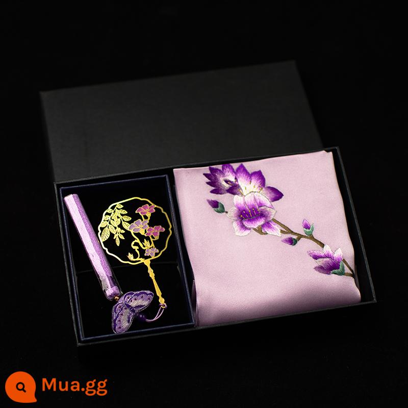 Tay thêu bằng lụa thực sự Handmade Suxiu Mulberry Silk Takekerchief Bronze Script Set Phong cách Trung Quốc Quà tặng văn học và nghệ thuật - màu tím