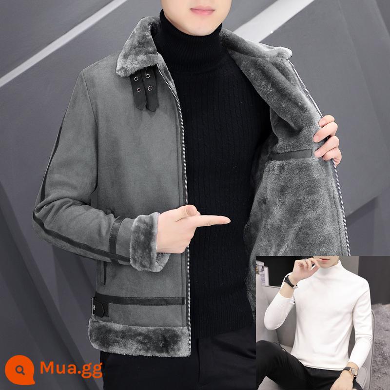 Winter Deer Epolid Velvet Male Plus Velvet dày hợp thời trang đẹp trai Phiên bản ngắn áo khoác áo khoác Winter Young Cotton áo khoác - Áo len + xám