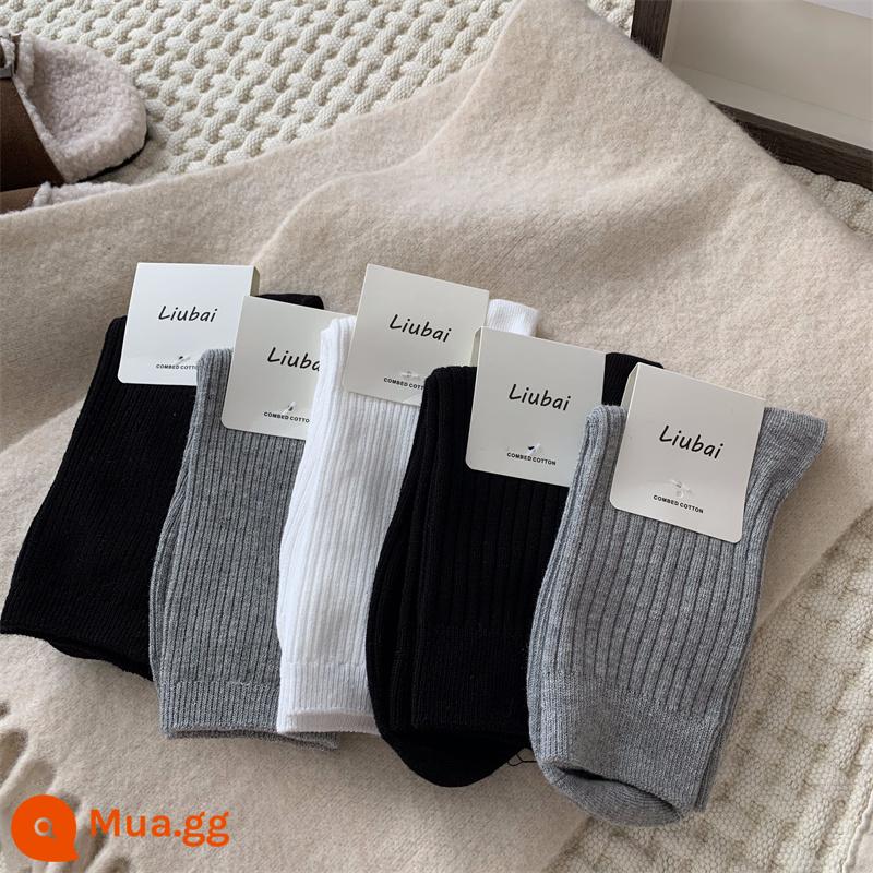 Tất Xám Nữ Đến Giữa Bắp Chân Tất Thu Đông Cotton Nguyên Chất Ins Hợp Thời Trang Dày Ấm Áp Thể Thao Trắng Mùa Đông Dài bong Bóng Tất - Dải mỏng màu đen - dải mỏng màu xám nhạt - dải mỏng màu trắng - sọc đen rộng - sọc rộng màu xám nhạt