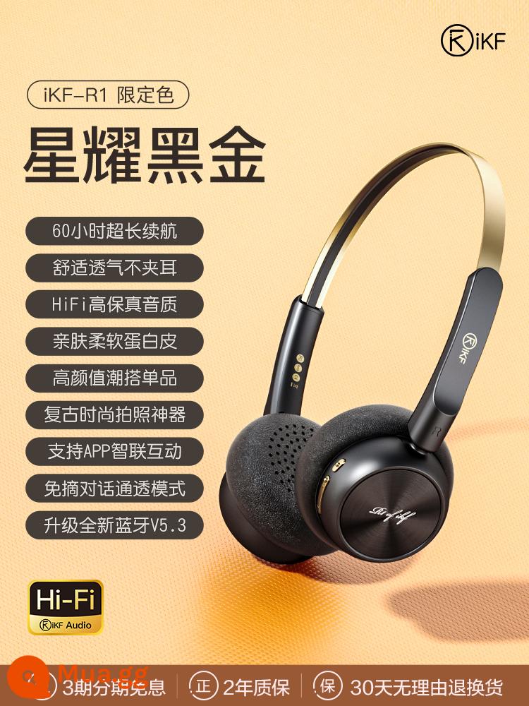 iKF R1 tai nghe đeo retro đầu nhỏ bluetooth không dây của Mỹ 2023 thiên niên kỷ y2k mới nhỏ - Star Black Gold [Phiên bản giới hạn]-[Hỗ trợ APP + thời lượng pin 60 giờ + hội thoại trong suốt không cần nhấc máy]