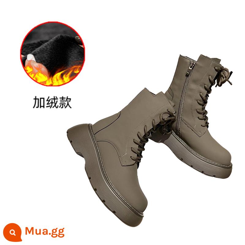 Bánh thông dày Boots Boots Nữ 2022 Mới mùa thu và mùa đông cộng với đôi giày nhung trong ống giữa martin bốt da - Màu xám (cộng với nhung)