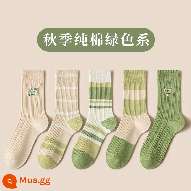 Tất nữ mùa xuân thu ống giữa cotton nguyên chất thấm hút mồ hôi mùa hè mỏng dopamine nổi tiếng trên đường phố vớ nữ hợp thời trang - 5 cặp màu xanh lá cây