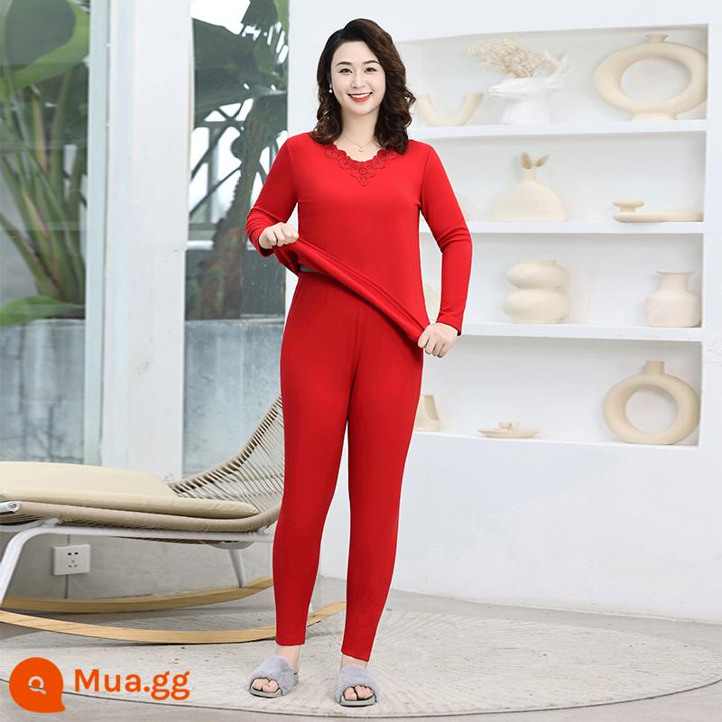 Kích thước lớn quần áo mùa thu quần vệ sinh phù hợp với nữ 200 catties chất béo mm cộng với chất béo cộng với quần áo ấm dưới đáy trung niên mẹ béo cộng với cashmere - [Nhung mỏng]Đỏ