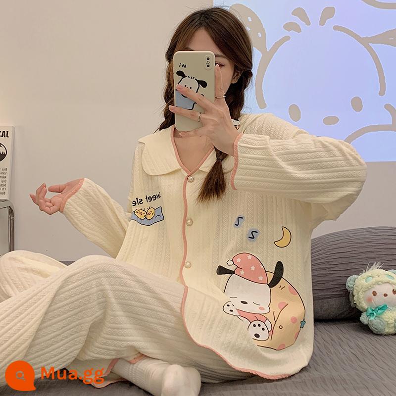 Bộ đồ ngủ mùa xuân và mùa thu nữ sinh hoạt hình 2022 cotton mới dài tay giải trí mùa đông có thể mặc bên ngoài bộ đồ phục vụ tại nhà - Apricot 3506 chó con đang ngủ