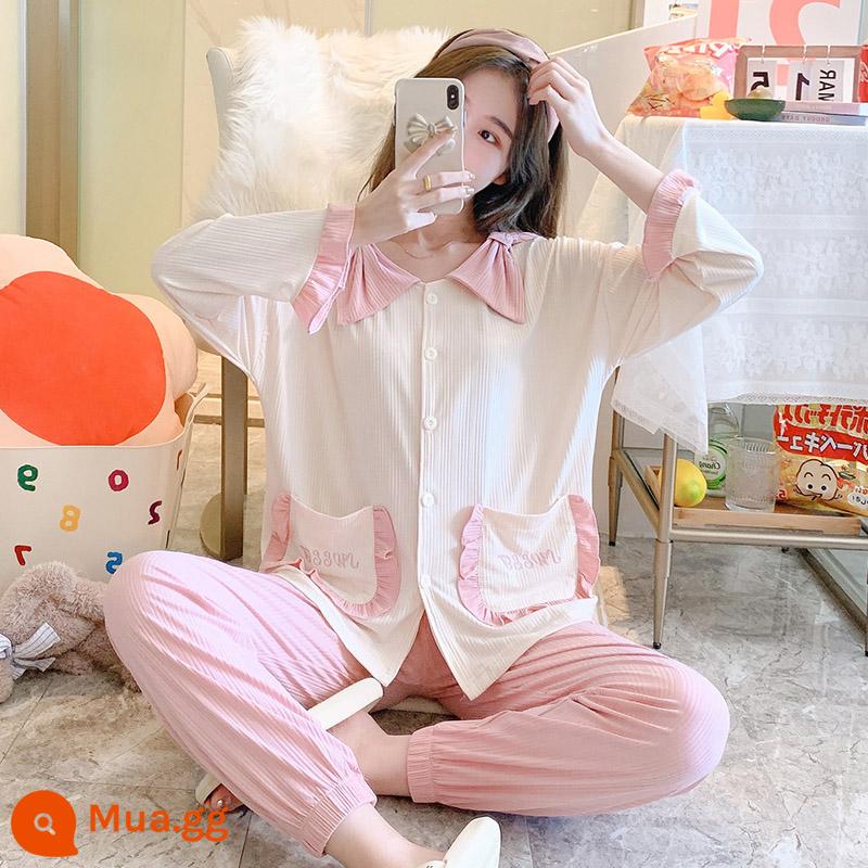 Bộ đồ ngủ mùa xuân và mùa thu nữ sinh hoạt hình 2022 cotton mới dài tay giải trí mùa đông có thể mặc bên ngoài bộ đồ phục vụ tại nhà - 12133 Bột mơ ren kiểu Anh dạng dải mỏng