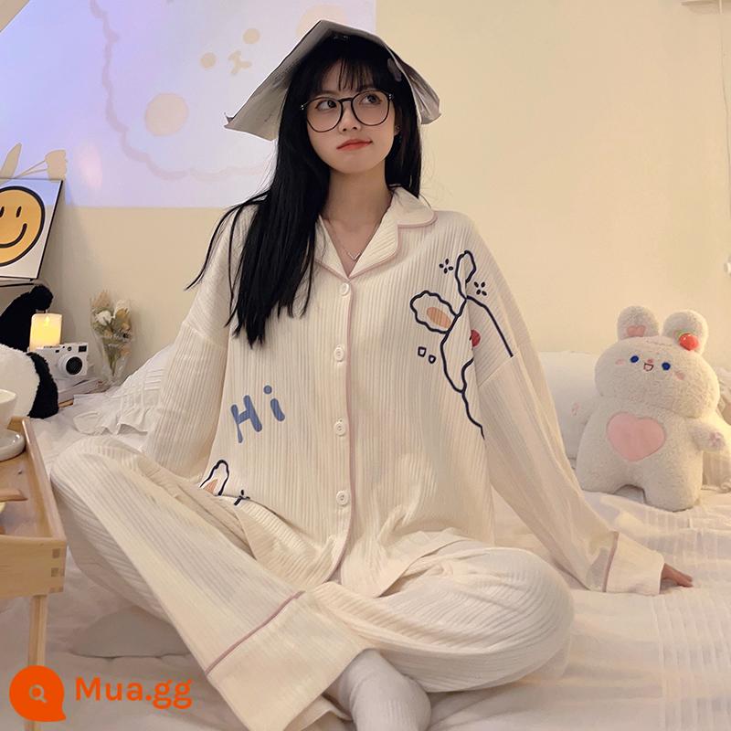 Bộ đồ ngủ mùa xuân và mùa thu nữ sinh hoạt hình 2022 cotton mới dài tay giải trí mùa đông có thể mặc bên ngoài bộ đồ phục vụ tại nhà - Chương 3016: Hai chú thỏ trắng dễ thương