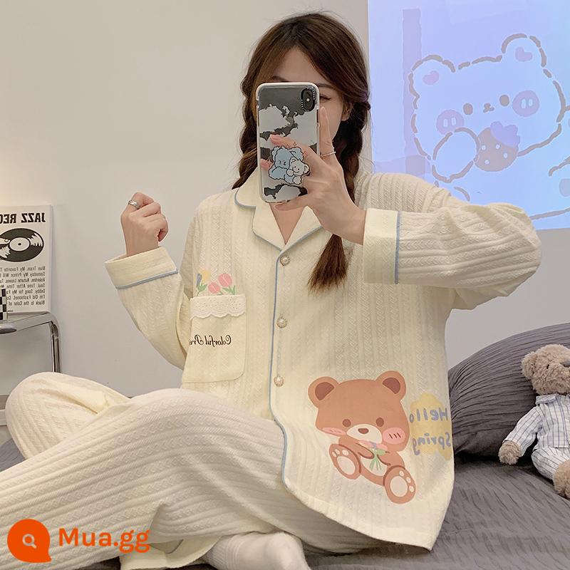 Bộ đồ ngủ mùa xuân và mùa thu nữ sinh hoạt hình 2022 cotton mới dài tay giải trí mùa đông có thể mặc bên ngoài bộ đồ phục vụ tại nhà - 3501 Gấu hoa nhỏ