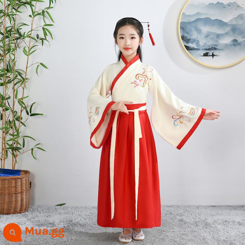 Hanfu trẻ em, tiết mục khai mạc trường mẫu giáo bé gái, trang phục bé trai phong cách Trung Hoa, đồng phục học sinh Trung Quốc, trang phục biểu diễn tiểu học nữ - Phong cách F-1 nữ màu be + đỏ