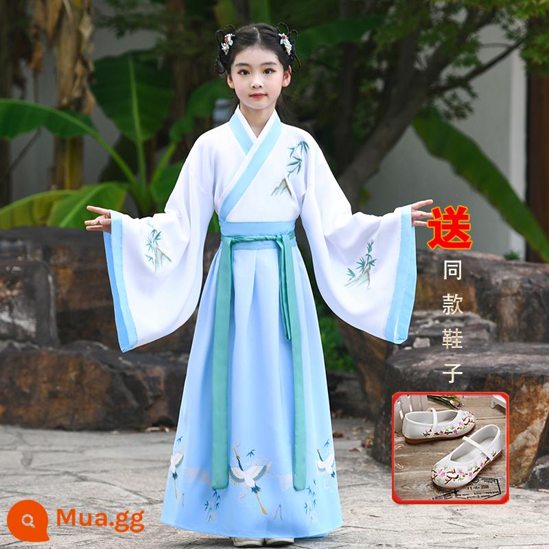 Hanfu trẻ em, tiết mục khai mạc trường mẫu giáo bé gái, trang phục bé trai phong cách Trung Hoa, đồng phục học sinh Trung Quốc, trang phục biểu diễn tiểu học nữ - Giày nữ + giày in hình hạc xanh Lưu ý cỡ giày