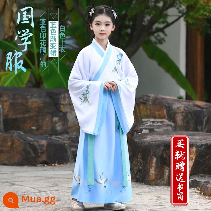 Hanfu trẻ em, tiết mục khai mạc trường mẫu giáo bé gái, trang phục bé trai phong cách Trung Hoa, đồng phục học sinh Trung Quốc, trang phục biểu diễn tiểu học nữ - Mẫu nữ hạc in màu xanh