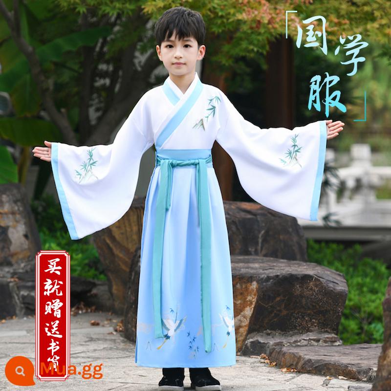 Hanfu trẻ em, tiết mục khai mạc trường mẫu giáo bé gái, trang phục bé trai phong cách Trung Hoa, đồng phục học sinh Trung Quốc, trang phục biểu diễn tiểu học nữ - Hạc in màu xanh cho nam giới