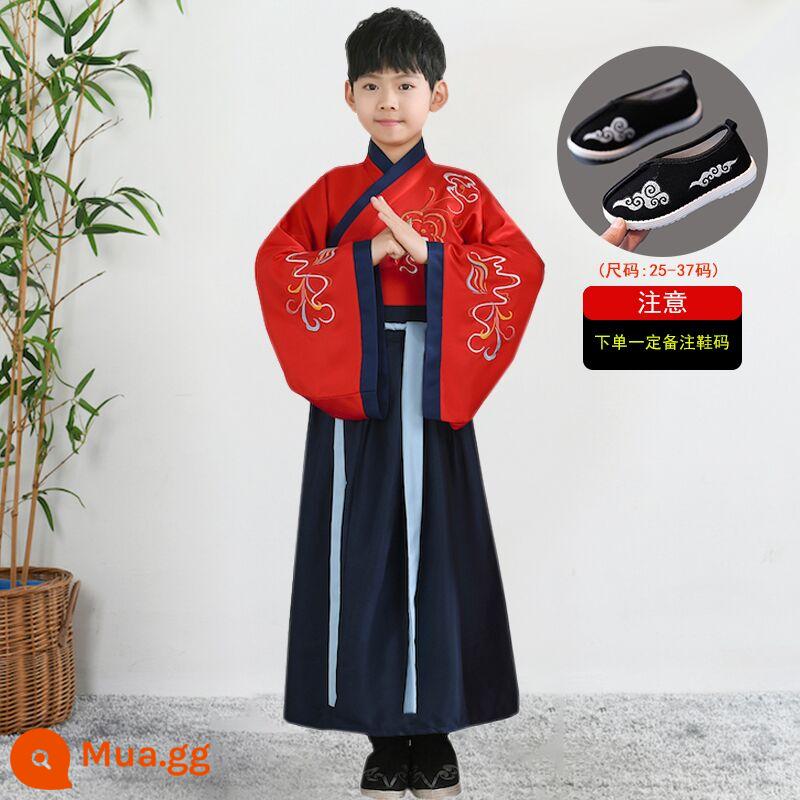 Hanfu trẻ em, tiết mục khai mạc trường mẫu giáo bé gái, trang phục bé trai phong cách Trung Hoa, đồng phục học sinh Trung Quốc, trang phục biểu diễn tiểu học nữ - Giày F-2+ nam màu xanh navy đỏ vui lòng lưu ý size giày