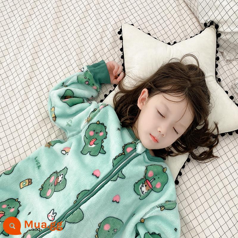 Túi ngủ bé vào mùa thu và mùa đông em bé Pyjamas Boys, Boys, cộng với cú hích san hô dày - Khủng long xanh (Flannel)