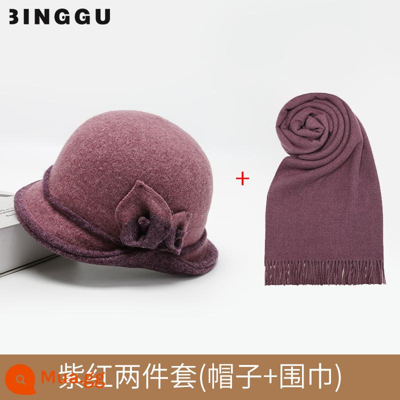 Nón nữ mùa thu đông mẹ len mũ trung niên và cao tuổi bà thời trang mùa đông ấm mũ bà già - Fuchsia + khăn quàng cổ