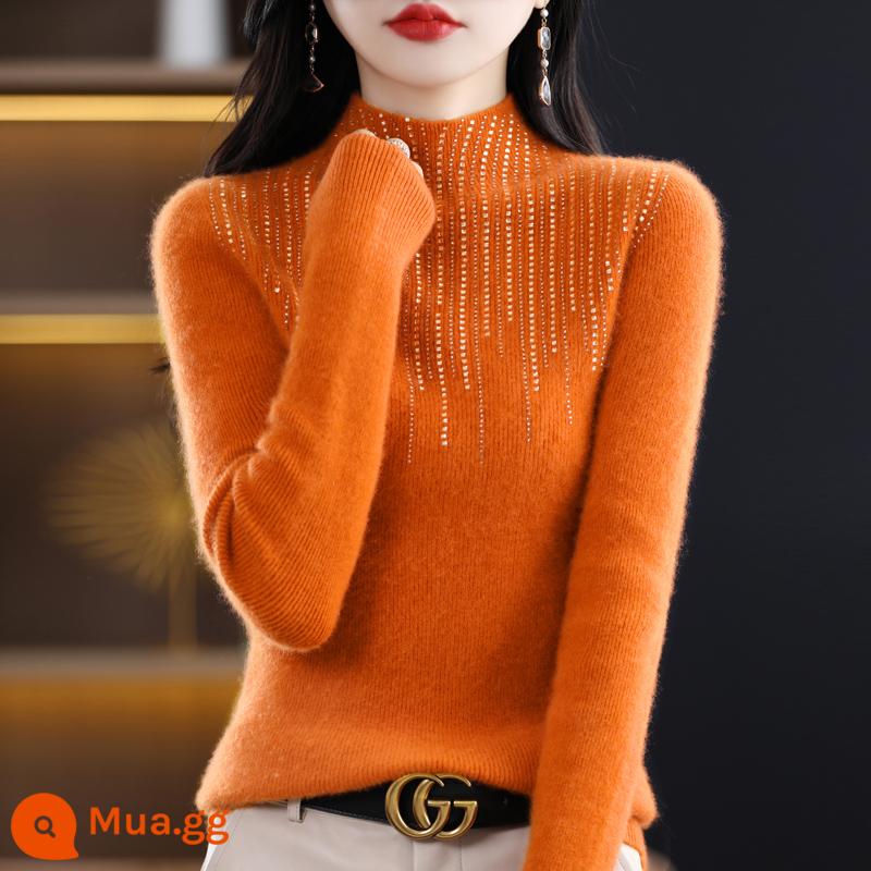 Áo len cổ lọ nửa của nữ 100 len nguyên chất kim cương áo thun dày cashmere áo sơ mi dệt kim có đáy ôm vừa vặn dành cho nữ - Cam Aima