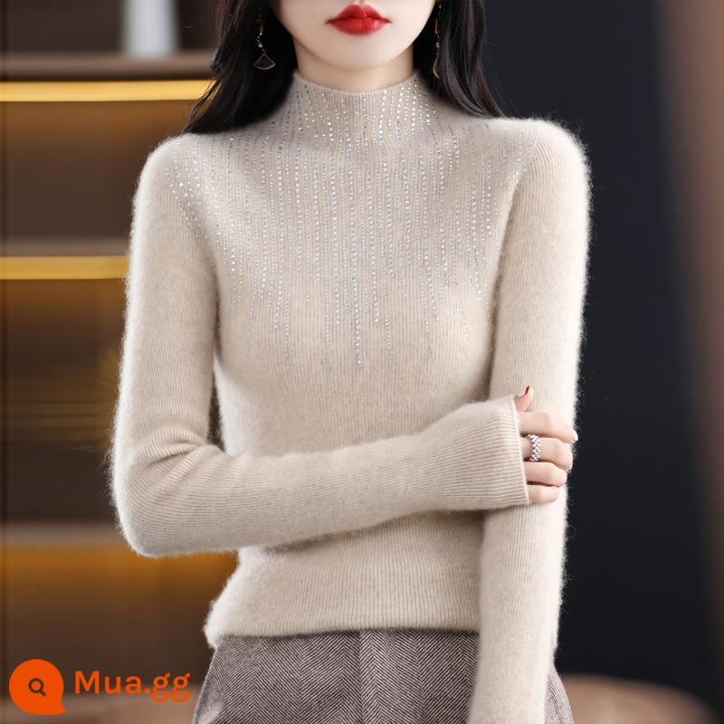 Áo len cổ lọ nửa của nữ 100 len nguyên chất kim cương áo thun dày cashmere áo sơ mi dệt kim có đáy ôm vừa vặn dành cho nữ - Gạo nhung thô