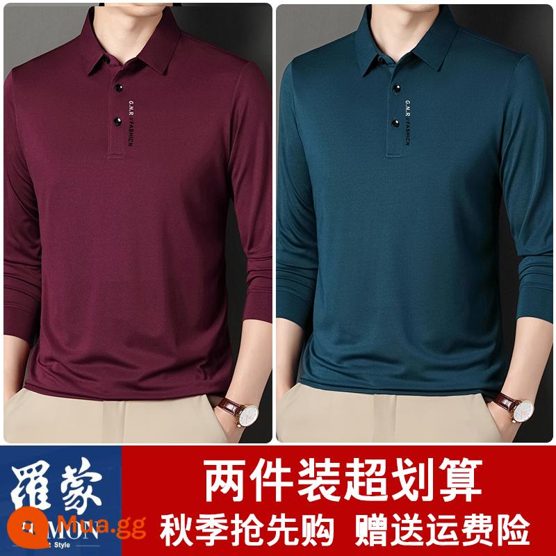 Lưu Mạnh Xuân Thu Mỏng Dài Tay Nam Dâu Tằm Lụa Ve Áo Áo Polo Nam Mercerized Đế Cotton áo Thun Hàng Đầu - Rượu vang đỏ + Hà Thanh, hai miếng tiết kiệm chi phí hơn