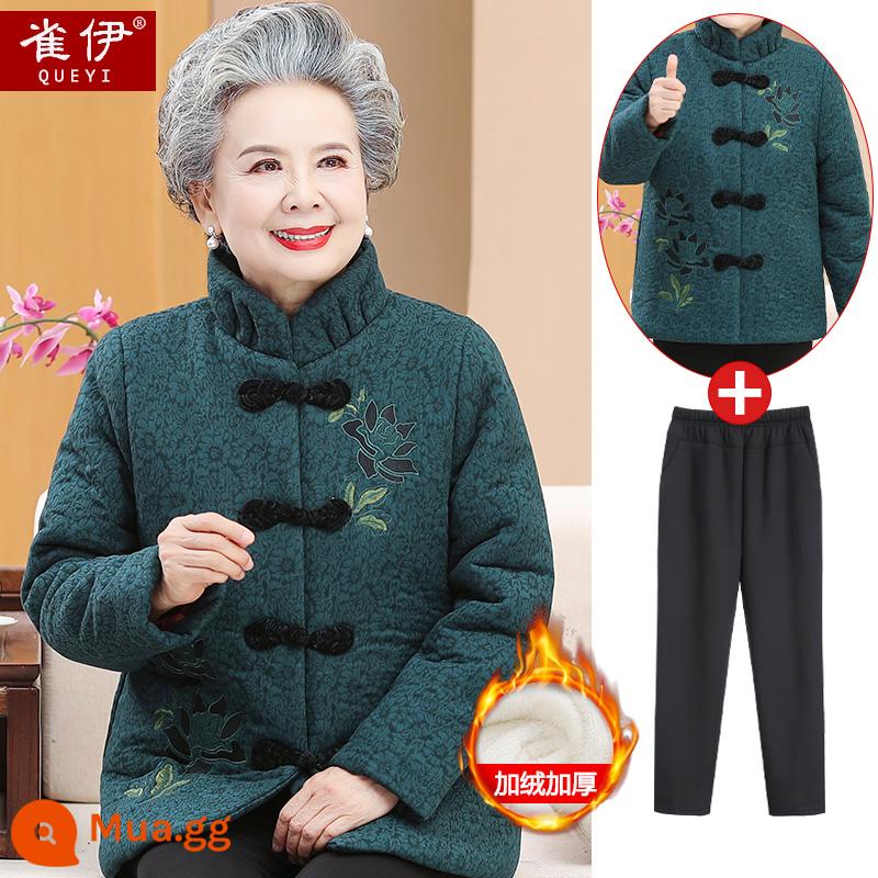 Grandma's Tang phù hợp với quần áo bông cho người già quần áo bông ấm quần áo mùa đông mẹ nữ cộng với cashmere dày bà già khóa bông áo khoác - Màu xanh lá cây (áo lông cừu + quần lông cừu)