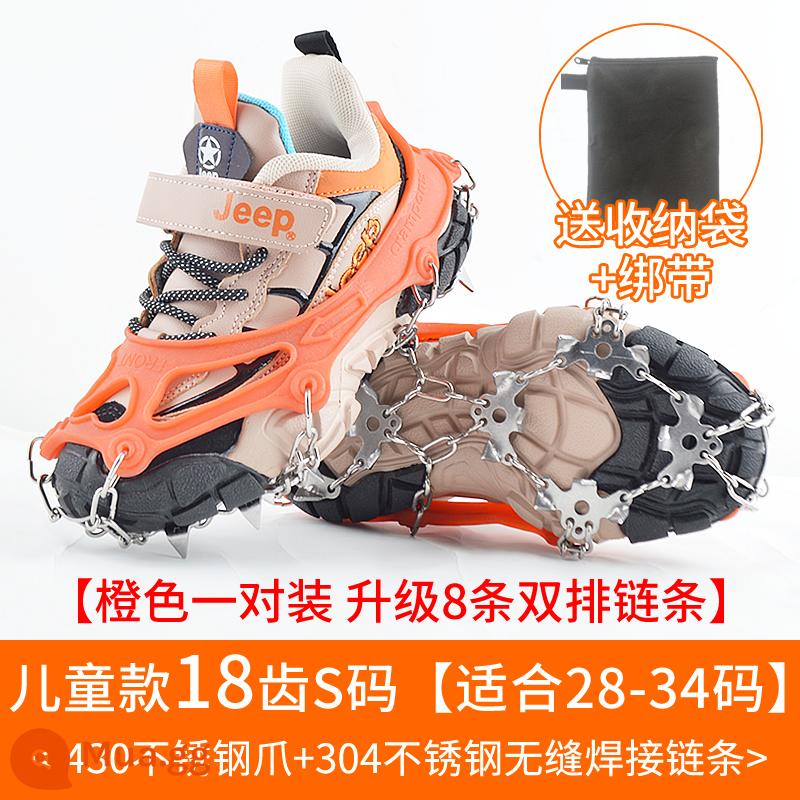 Mùa đông ngoài trời băng -claw giày Bottom Snow Leo núi leo núi trượt băng Skate Nails Anti -slip Artifact Shoes - Mẫu chuyên nghiệp trẻ em 18 răng cam size S (phù hợp với size giày 28-34) đi kèm túi đựng + dây đai