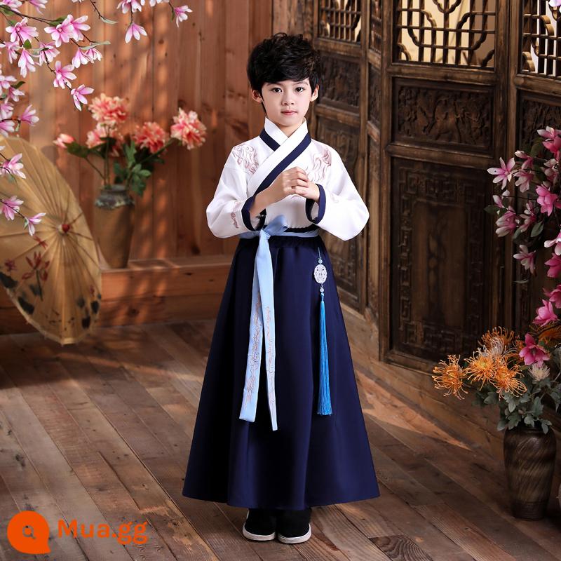 Hanfu trẻ em, phong cách Trung Hoa nam, phong cách mùa thu, trang phục bé trai, quần áo biểu diễn lớp, đồng phục học sinh Trung Quốc của cậu bé sách, bộ đồ Đường - Màu trắng (có kèm quạt gấp)